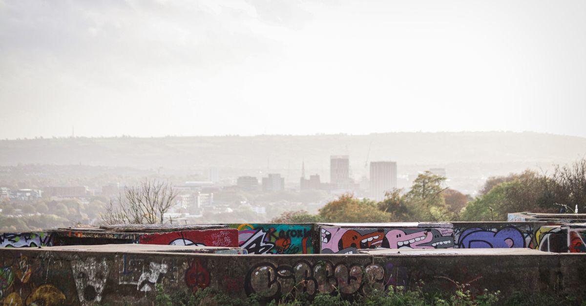 Colourful street art on a rooftop wall with a hazy city skyline behind