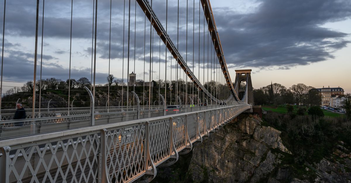 Clifton Suspension Bridge at twilight with the observatory tower visible
