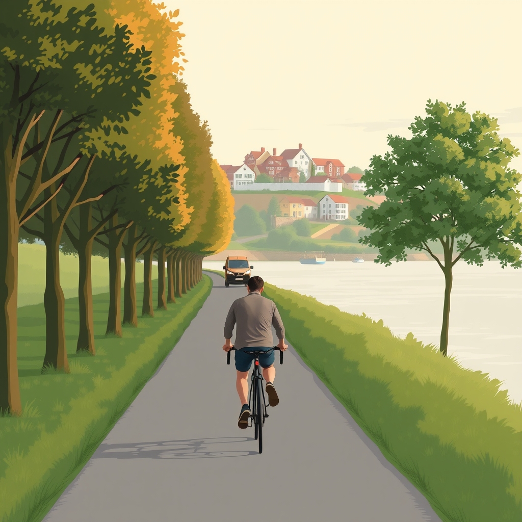 Illustration of a cyclist riding along a quiet waterside path, with pastel houses on a hill across the water